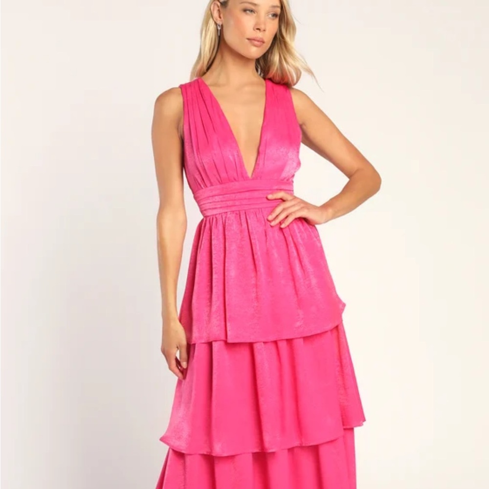 Lulus Peak Party Vibe Hot Pink Satin Tiered Tie-Back Midi Dress